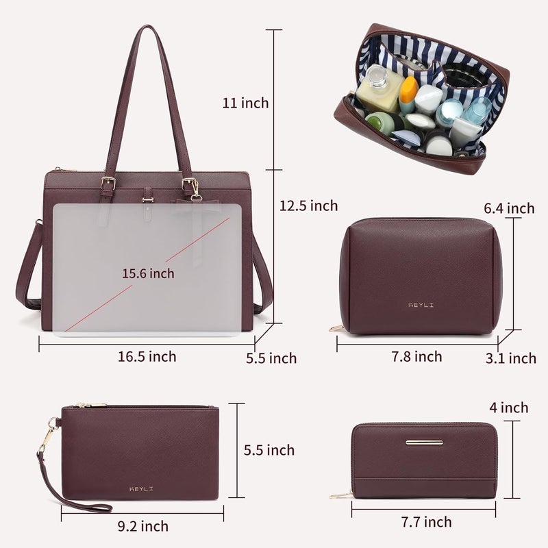 Keyli 4pc Sets Laptop Bag for Women Large Leather Laptop Briefcase with USB Charging Port Computer Shoulder tote Bags Purse - Image 2